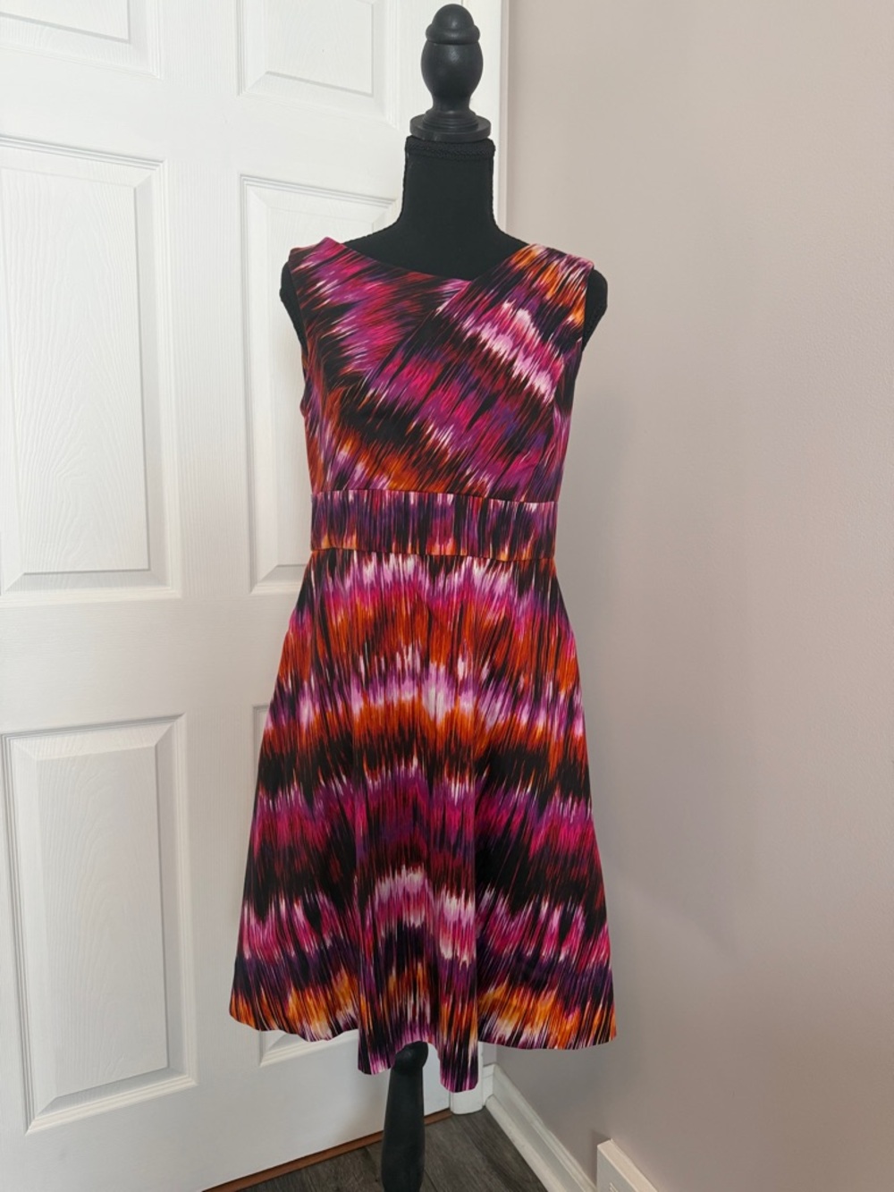 Calvin Klein Sleeveless Midi Dress in Pink, Orange and Black - Picture 2 of 7